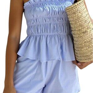 Women’s Summer 2 Piece Set Striped Shirred Bandeau Top & Shorts Casual Vacation